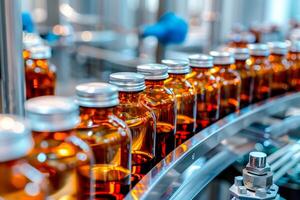 Bottles of syrup on conveyor belt photo