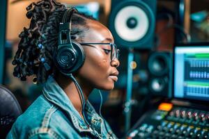 A woman with headphones concentrating on a computer photo