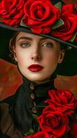 A woman wearing a hat with roses on it photo
