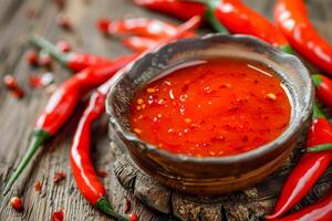 A bowl of chili sauce with red peppers on a wooden table photo