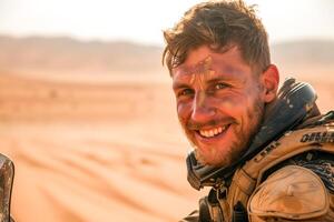Man with a beard and a smile in a desert photo