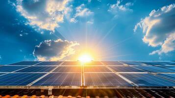 Solar panel on roof with sun shining through clouds photo