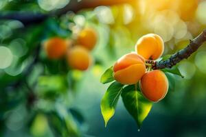 Many ripe apricot hanging from tree branch photo