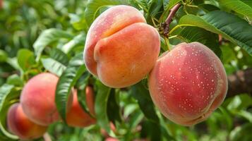 Three peaches hanging from a tree with leaves photo