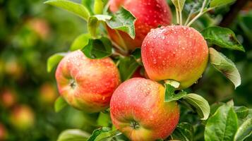 Three apples with water droplets on a tree photo