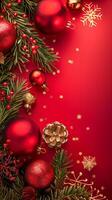 Christmas decorations with red background, pine cones, and fir branches photo