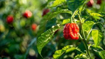Red carolina reaper pepper plant with green leaves photo