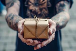 Man holding a small brown box with brown string photo