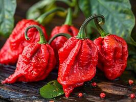 Red trinidad scorpion peppers on wooden board with leaves photo