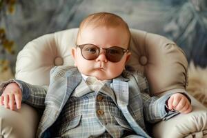 Baby in sunglasses sits on chair with blanket photo