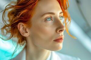 Redhead woman with blue eyes and red hair looking in distance photo