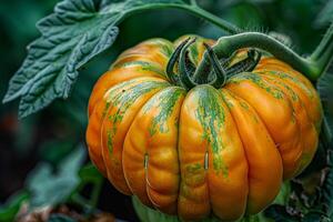 A close up of a orange tomato growing on a plant photo
