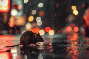 A rat sitting on the wet ground during rainfall photo