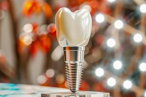 A close up of a tooth implant on a table with a blurry background photo