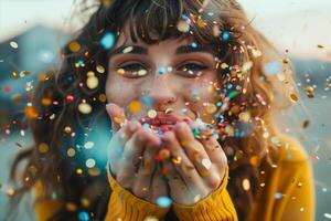 A woman blowing confetti in the air with her hands photo