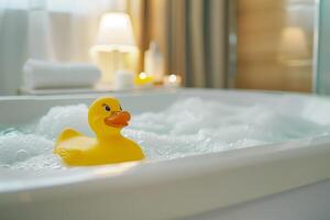 A rubber duck floating in a bathtub filled with bubbles photo