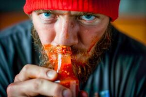 A man with a beard eating a hot sauce photo