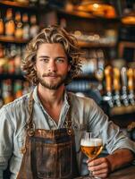 Man with a beard and apron holding a glass of beer photo