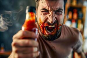 Man holding hot sauce bottle with beard and mustache photo