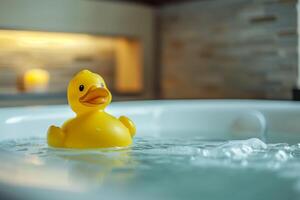 A yellow rubber duck floating in a bathtub photo