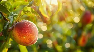 A ripe peach on the tree with many green leaves photo