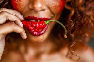 A woman with a red face and a chili on her tongue photo