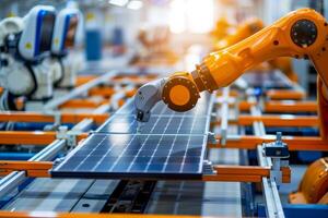 A close up of a robot with a solar panel at the factory photo