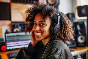 Woman smiling in headphones at recording desk photo