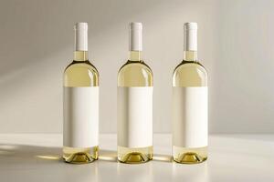 Three bottles of white wine on a table with a white background photo