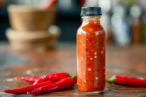 A bottle of hot sauce with chili peppers on a table photo