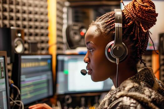 Woman with headphones in front of computer screen photo