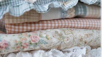 Stack of Folded Vintage Fabric with Floral and Gingham Patterns photo