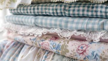 Stack of Vintage Pastel Fabrics with Lace Edging and Floral Patterns for Sewing and Craft Projects photo