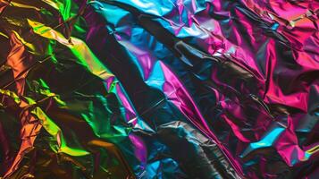 Vibrant Crumpled Iridescent Foil Texture with Multicolor Reflections photo