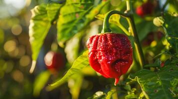 A red hot carolina chili pepper growing on a plant with green leaves photo