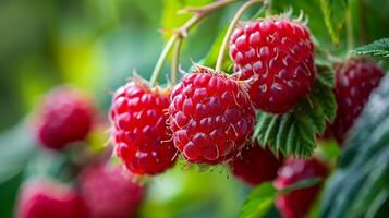 Many ripe raspberries hanging from branches in the garden photo