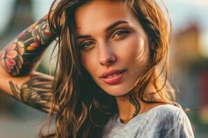 A close up of a woman with tattoos on her arms photo