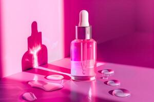 A bottle of liquid on table beside mirror photo
