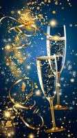 Two glasses of champagne with gold streamers and confetti photo