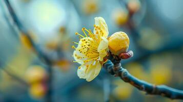 A yellow apricot flower on a branch with a blurry background photo