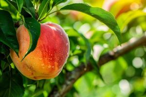 A peach on the tree with water droplets on it photo