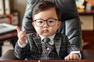 A young boss boy in glasses and a suit sitting at a table photo