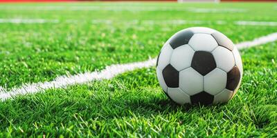 Soccer ball on the grass of a soccer field photo