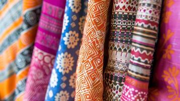 Colorful Traditional Textiles with Intricate Patterns in a Vibrant Display photo
