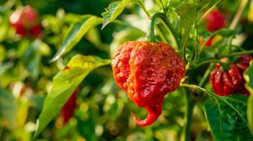 A red carolina chili plant with a green leaf on it photo