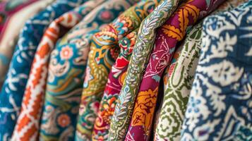 Colorful and Intricate Fabric Patterns on Display in Vibrant Textile Shop photo