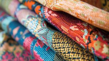 Colorful Assorted Textiles with Intricate Patterns and Vibrant Colors photo