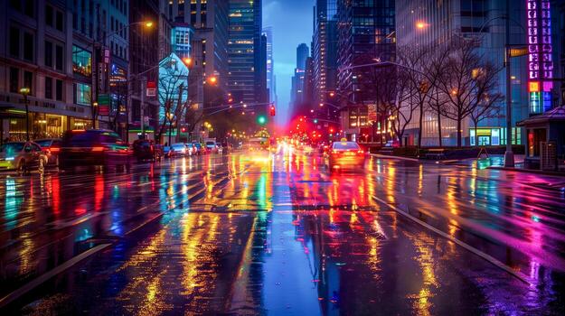 ciudad calle carros luces reflejando charco foto