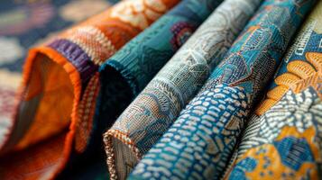 Colorful Rolled Fabric with Intricate Patterns and Textures photo