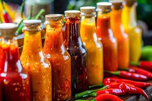 Bottles of hot sauce and peppers on a table with other ingredients photo